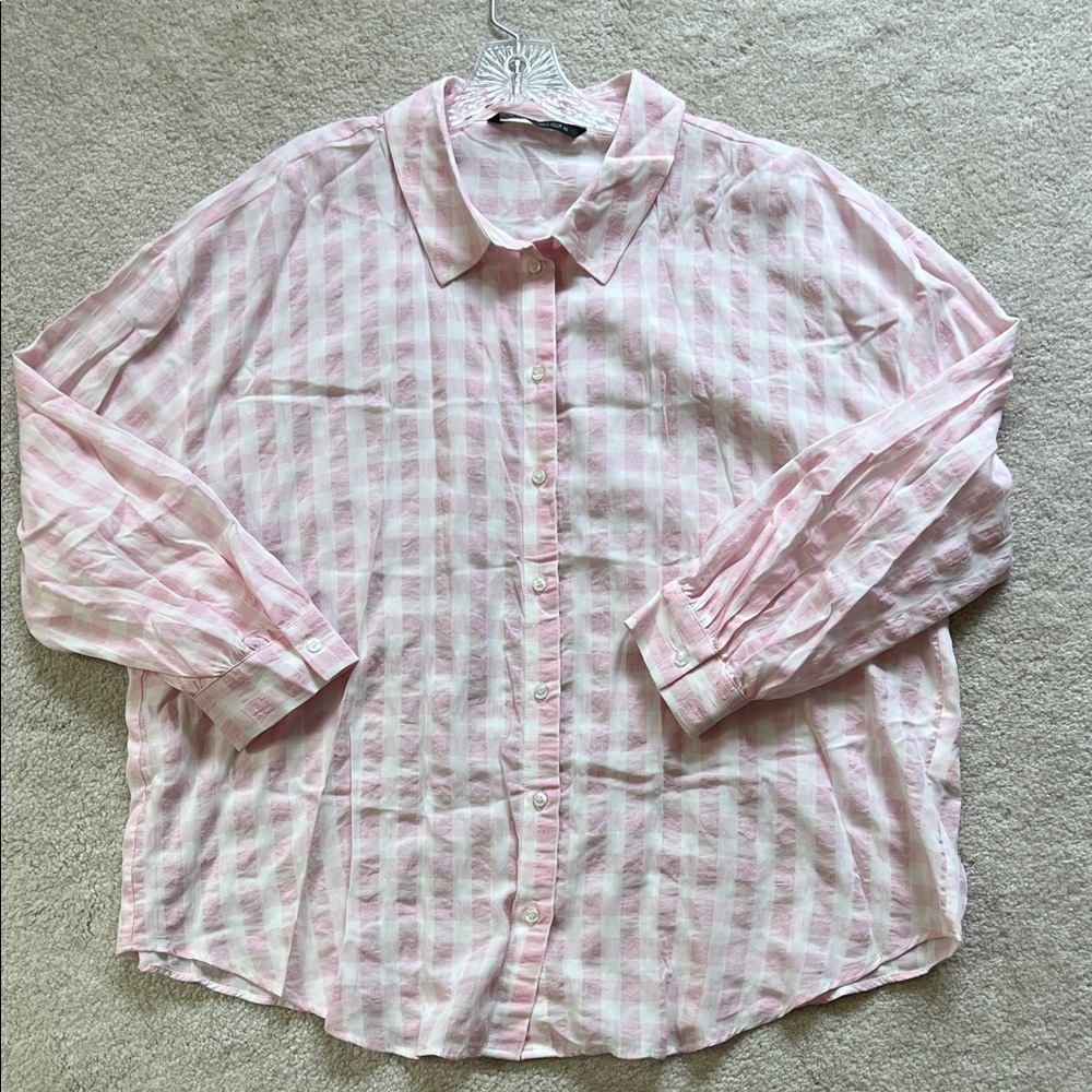 Zara Oversized Pink and White Gingham Lightweight Casual Blouse - size L NWOT